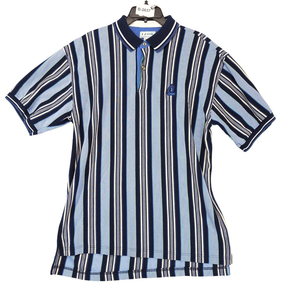 Vintage 90s Izod Navy Vertical Striped Polo Shirt Mens L Pique Cotton Logo Retro